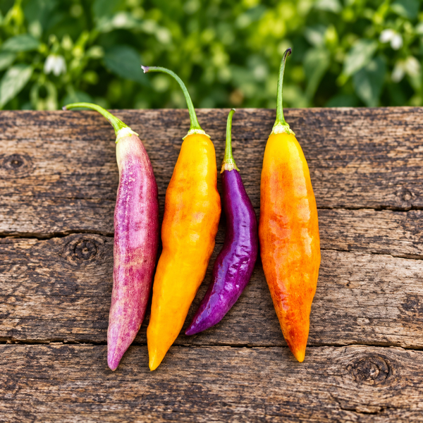 Aji Challuaruro peppers in pale lavender, purple, yellow and orange stages