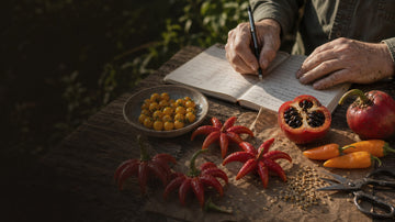 Brazilian Starfish peppers with Aji Amarillo Charapita and Rocoto on a seed collector workbench