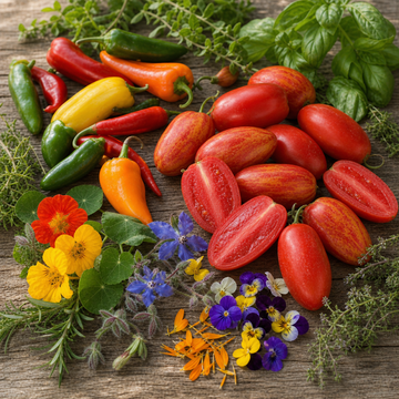 All Seed Bundles harvest assortment with tomatoes peppers edible flowers and herbs