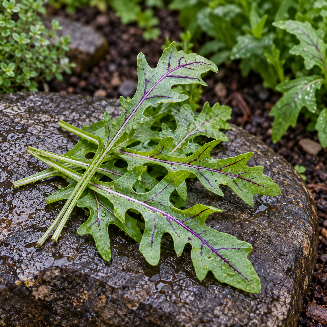 Nemesis wild arugula leaves with purple veins on a wet garden stone