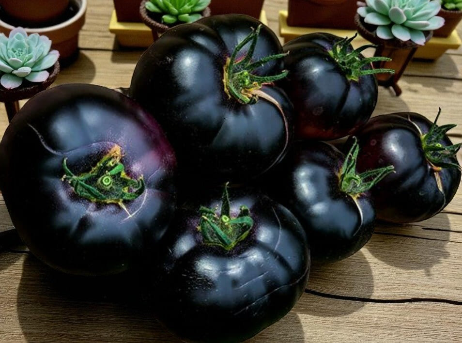 Black Beauty tomatoes on a wooden surface with small succulents in the background