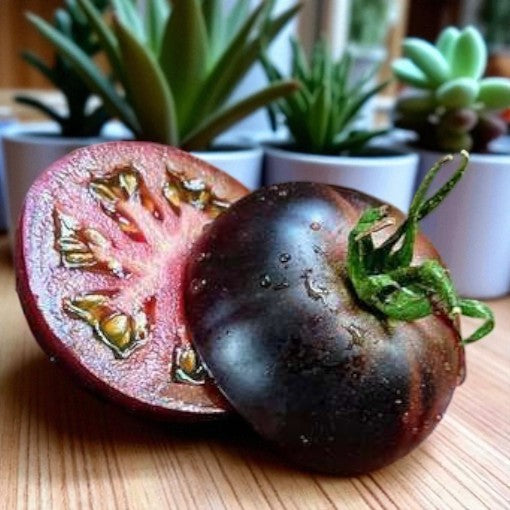 Black Beauty tomato with a cut half on a wooden surface with plants in the background