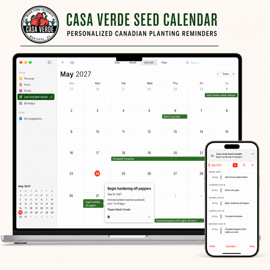 Branded Casa Verde Seed Calendar reminders displayed in Apple Calendar on desktop and mobile