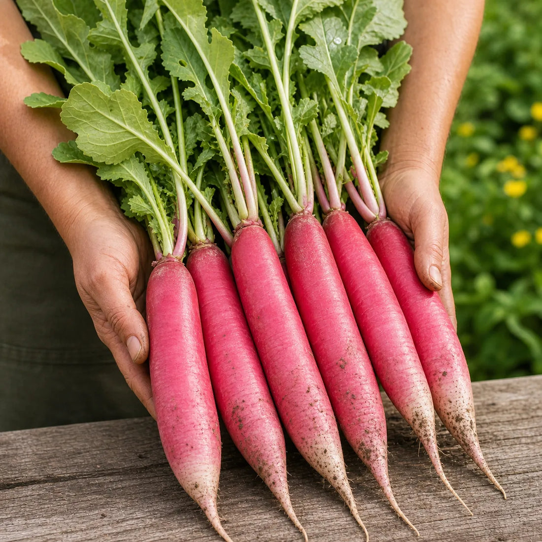 Freshly harvested long rose-pink China Rose radishes held in gardener hands