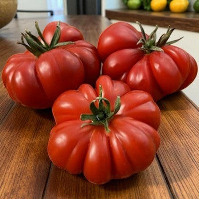 Four large red Costoluto Genovese tomatoes on a wooden surface with fruits in the background
