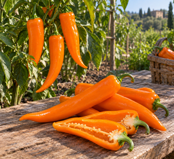 Smooth Corno di Toro Orange peppers on the plant and table