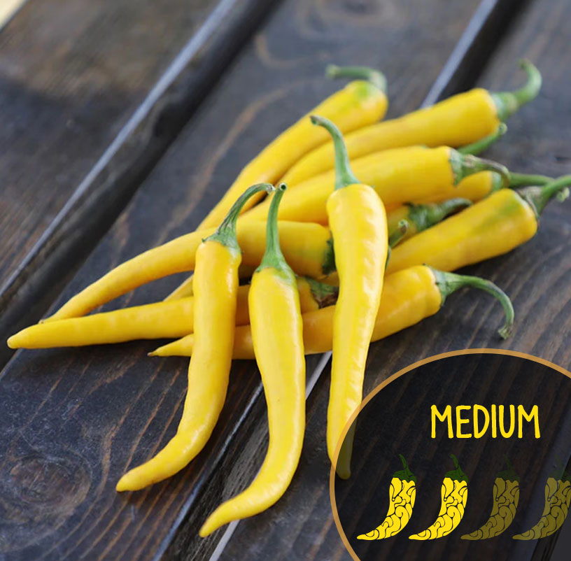 Yellow Golden Cayenne chili peppers on a dark wooden surface with 'Medium' label.