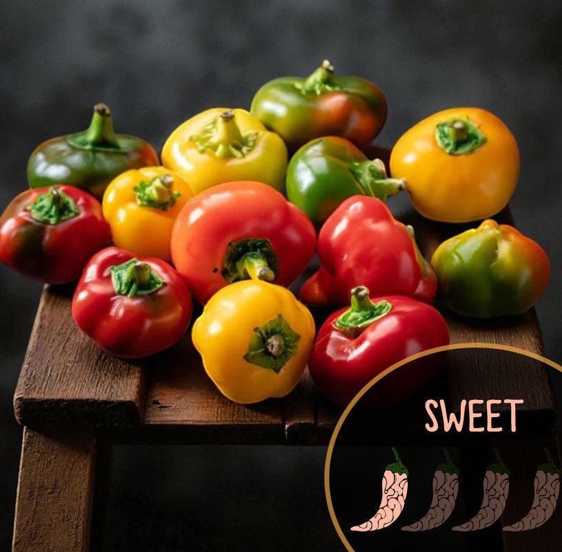 Colorful mini bell peppers on a wooden surface with 'SWEET' text and illustrations.