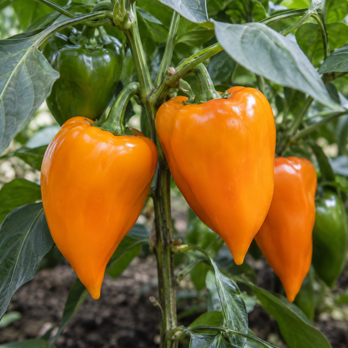 Orange Lesya Pepper — plant and ripening pods (AI-generated illustration)