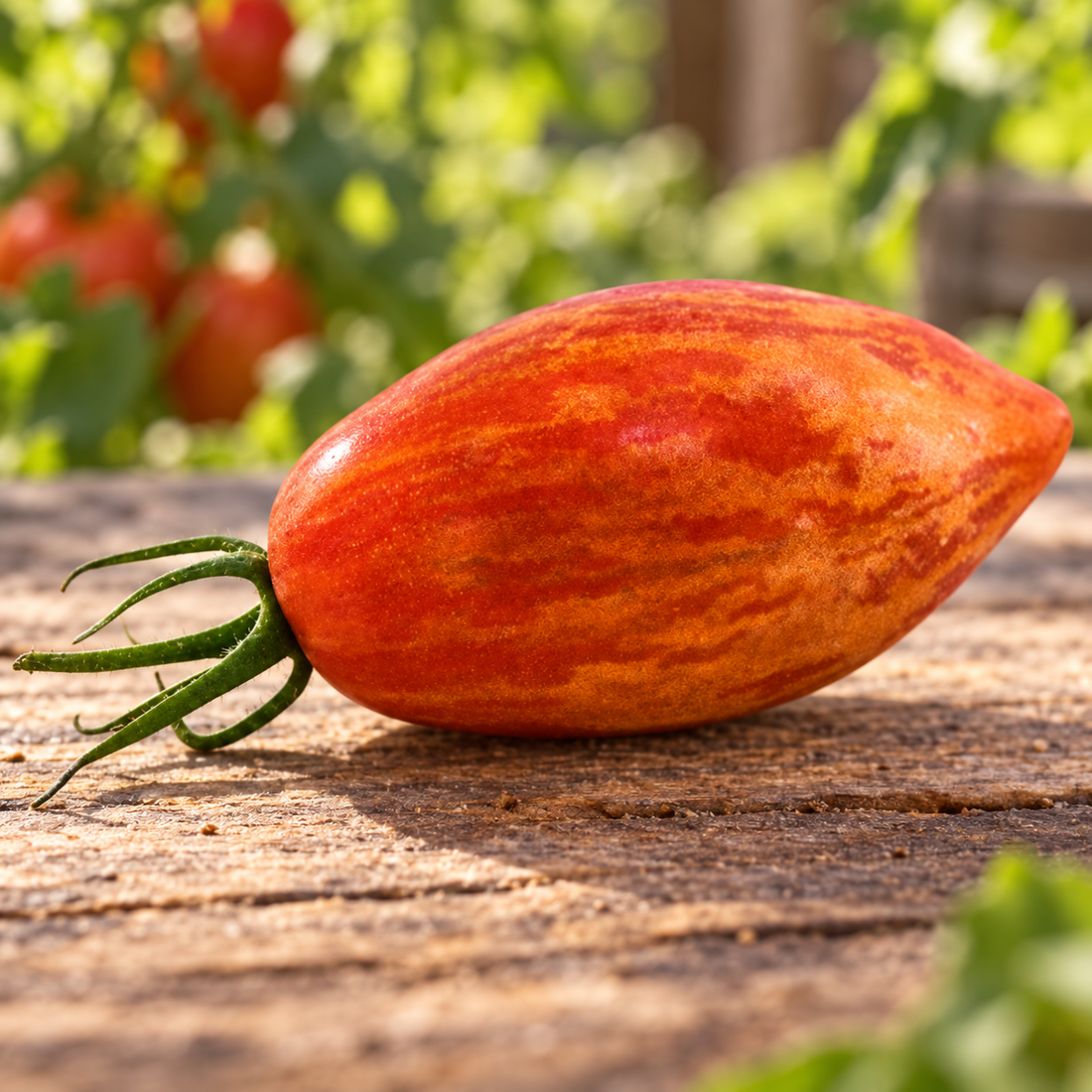Prairie Fire striped tomato on a rustic farm table