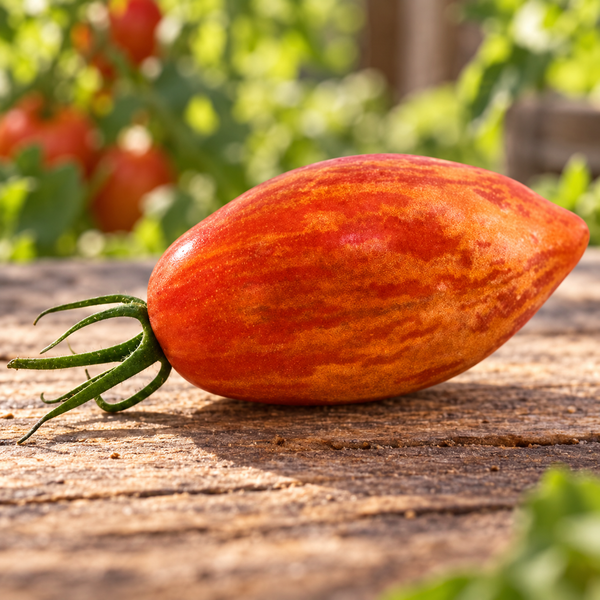 Prairie Fire striped tomato on a rustic farm table