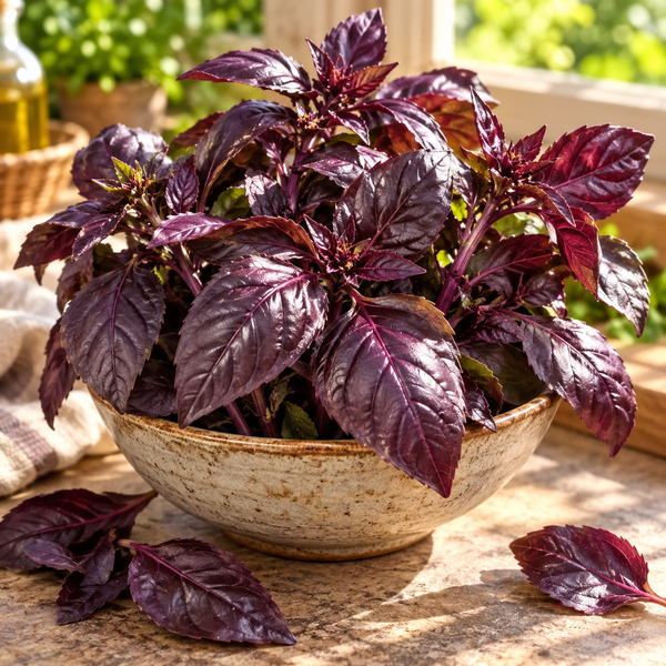 Purple basil fresh leaves in a kitchen bowl