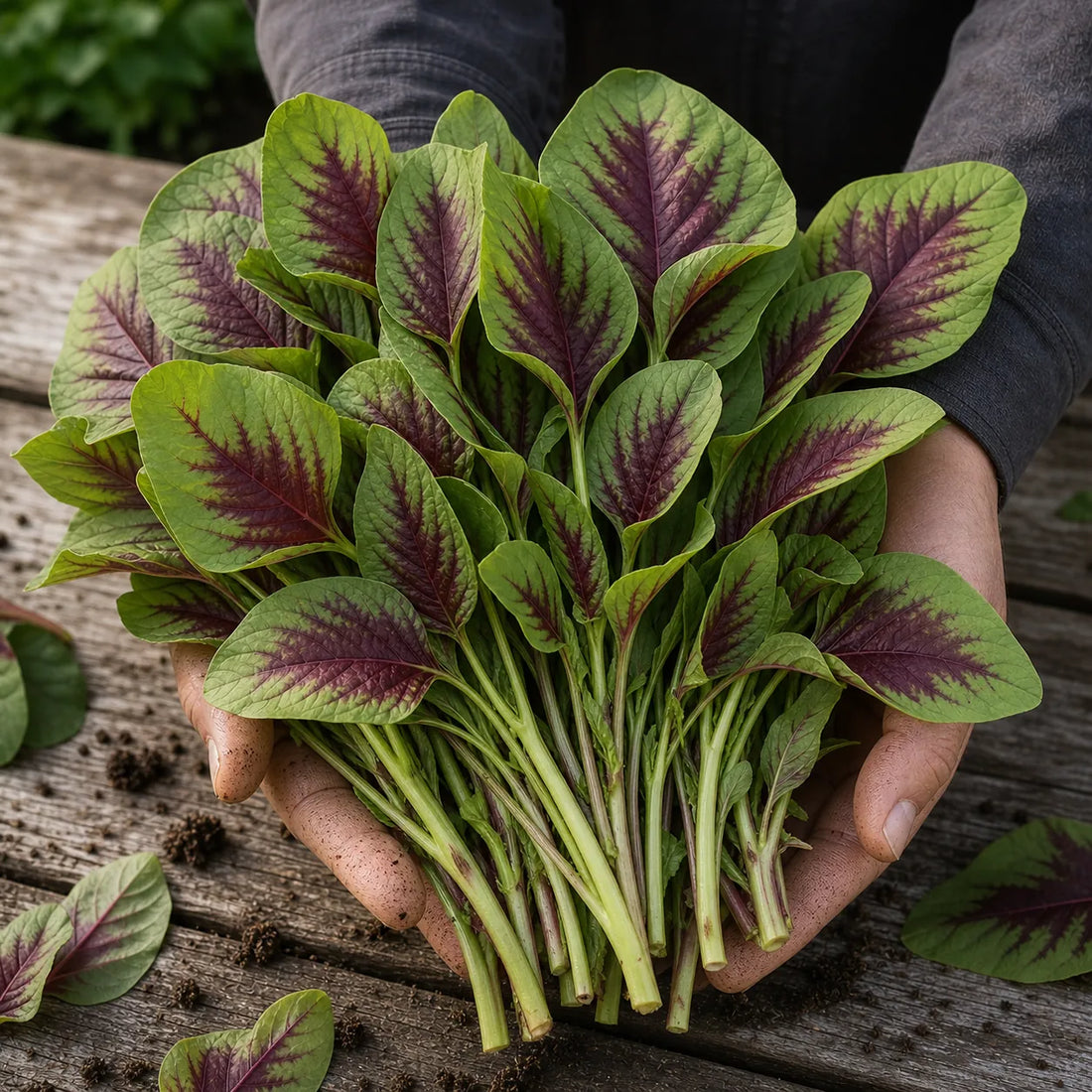 Freshly harvested Red Leaf Vegetable Amaranth with green leaves, burgundy-red centers, and pale stems held in gardener hands
