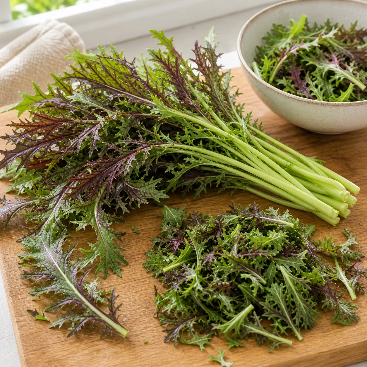 Ruby Streaks mustard greens prepped on a wooden cutting board