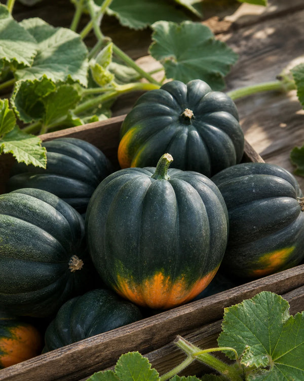 Table Queen winter squash seeds harvest with dark green acorn squash and orange ground spot