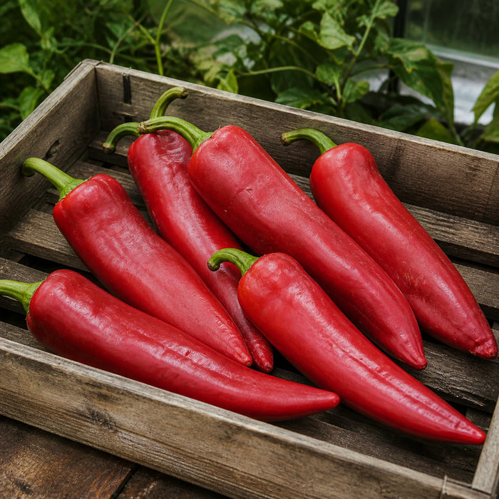 Large red XL Newmex Chili peppers gathered in a wooden harvest crate