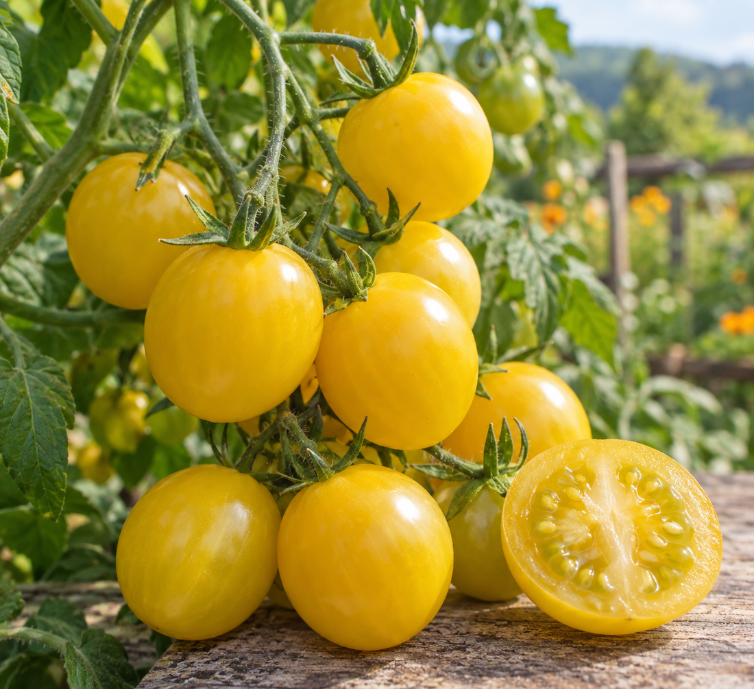 Yellow Jelly tomatoes on the vine with one cut open
