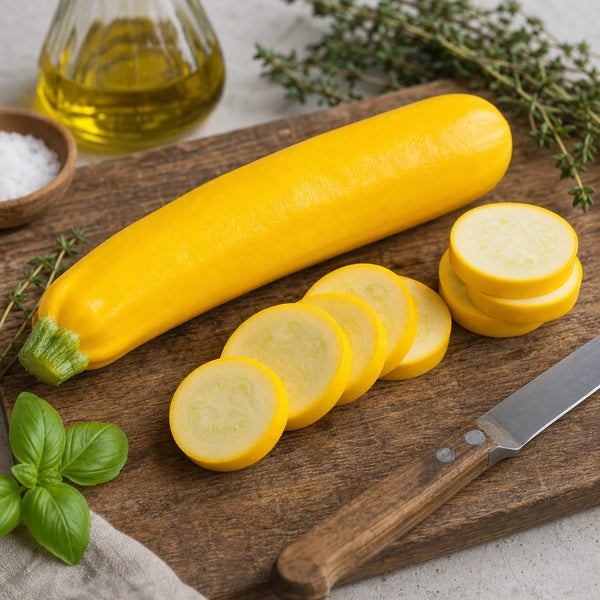 Yellowfin F1 Organic yellow summer squash sliced on a kitchen cutting board